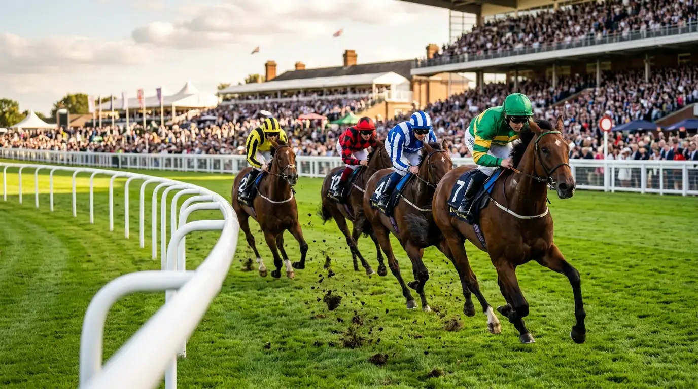 Thoroughbred racehorses rounding the final bend at a UK flat racecourse during a race