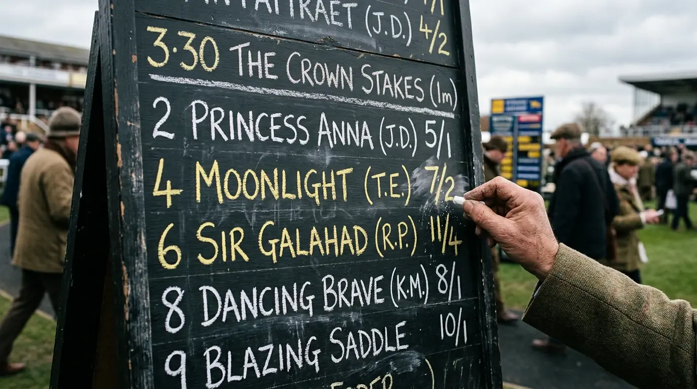 Bookmaker odds board at a UK racecourse showing fractional prices for runners